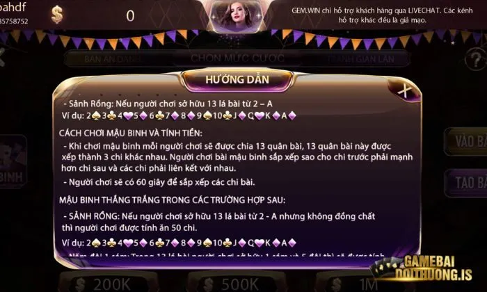 Cách tính điểm tại mậu binh Gemwin