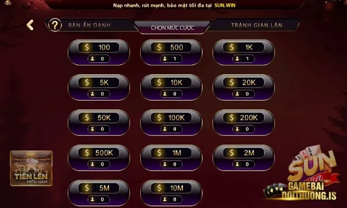 Chọn mức cược phù hợp khi chơi Tiến lên miền Nam Sunwin